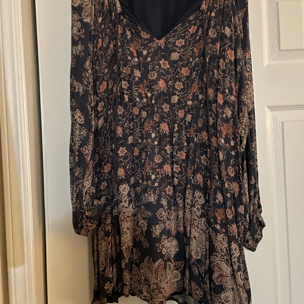 Free People Floral Mini Dress With Long Sleeves, Navy Blue